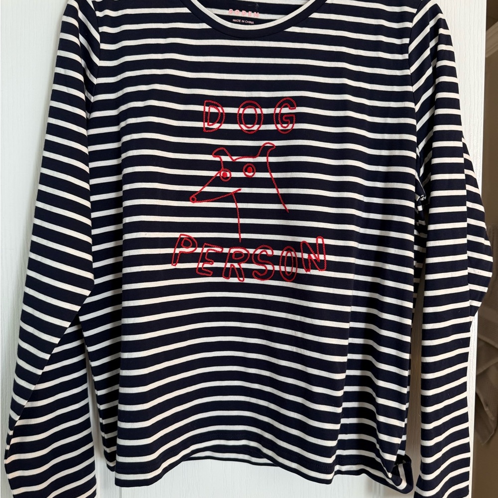 Boden Navy and White Striped Shirt with Red Graphic